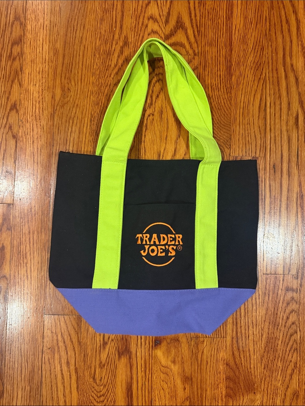 Trader Joe's Black Canvas Tote with Lime Handles and Purple Base